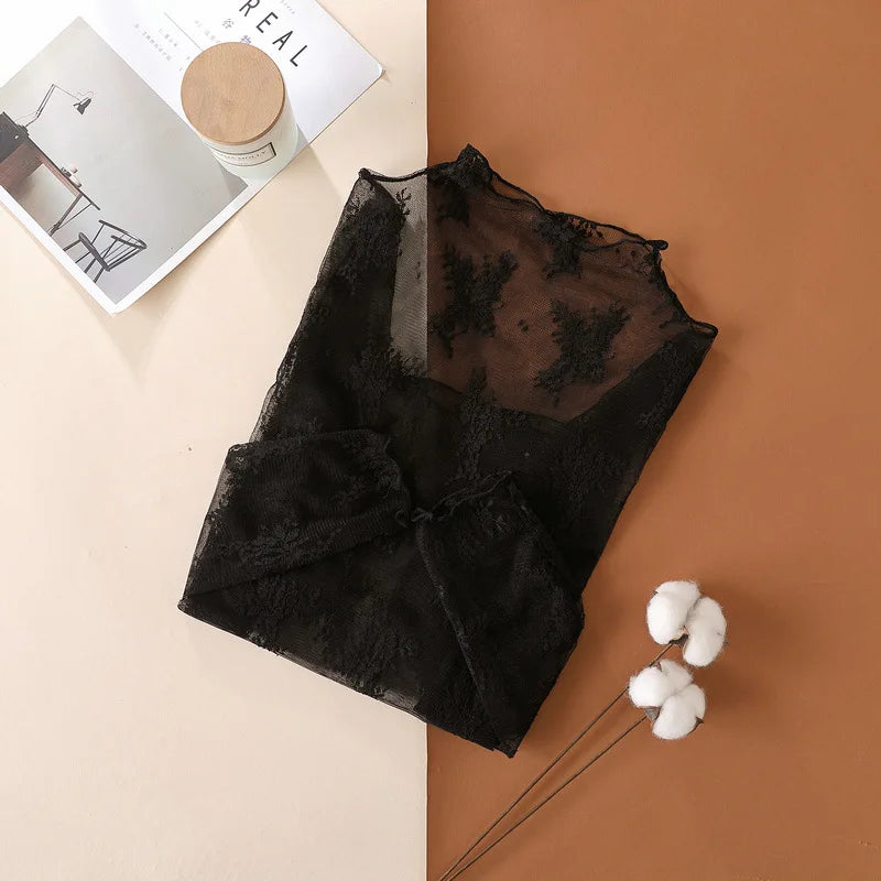 Sexy Women Mesh T-Shirts Transparent Lace Blouse Long Sleeve See Through Tops For Women Bottoming Shirt Sheer Tees Body Crop 