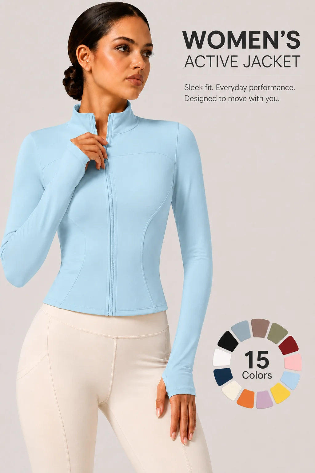 Women's Full-Zip Yoga Jacket, Slim Fit Long Sleeve Athletic Top with Thumb Holes, Lightweight Stretchy Workout Jacket for Run