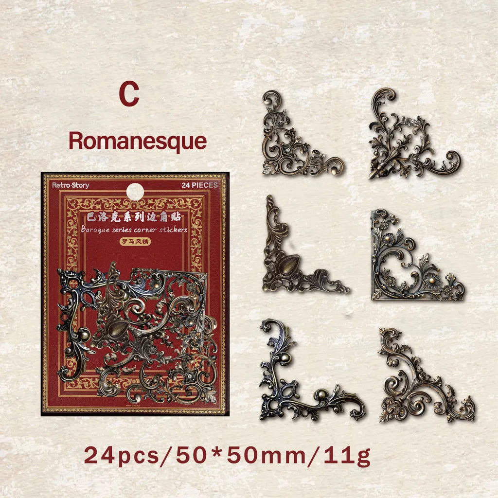 24pcs/pack Vintage Corner Stickers Retro Hollowed Out Photo Frames Stickers Collage Junk Journal Scrapbooking Material - C