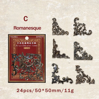 24pcs/pack Vintage Corner Stickers Retro Hollowed Out Photo Frames Stickers Collage Junk Journal Scrapbooking Material - C