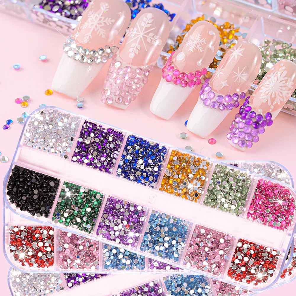 12 Grids Mixed Size Acrylic Flatback Rhinestones, 2/3/4mm Shiny Crystal Look Gems DIY Manicure Decor Charms