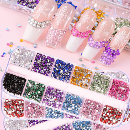12 Grids Mixed Size Acrylic Flatback Rhinestones, 2/3/4mm Shiny Crystal Look Gems DIY Manicure Decor Charms