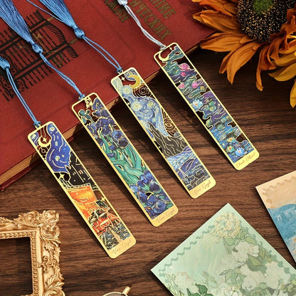 Vintage Oil Painting Metal Bookmarks - Hollow Hot Stamping Long Tassel Bookmarks - Stationery Gifts for Book Clubs, Book Love