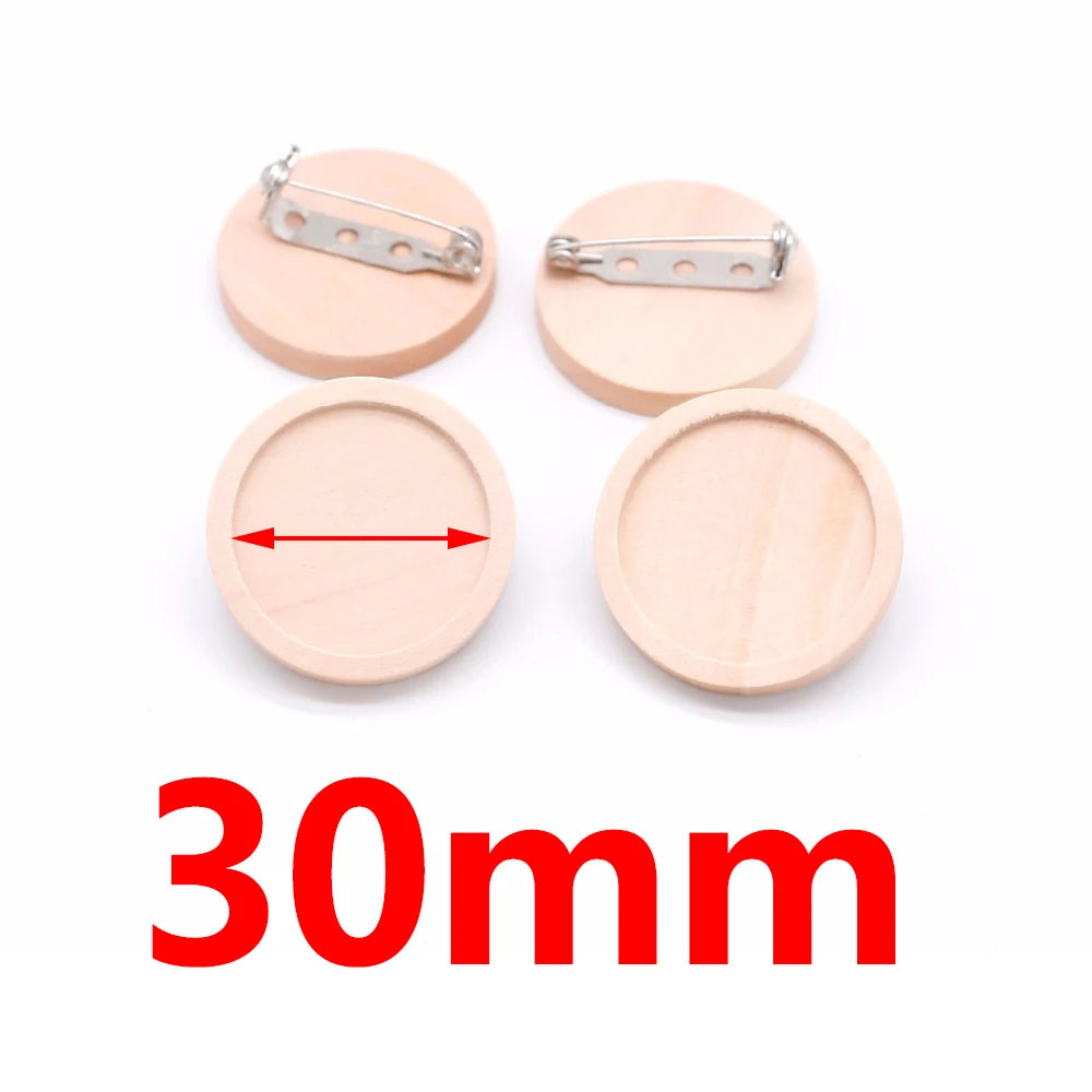 10pcs/lot Blank Wood Cabochon Brooch Base Settings 20 25 30 40mm Dia Round Bezel Tray Diy Brooches Pin Backs for Jewelry Maki