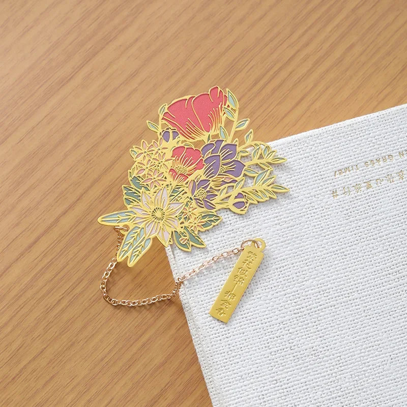 Gift Chinese Design Flowers Brass with Tassel Pendant Vintage Book Clips Office Fine Creative School Stationery Bookmarks - E