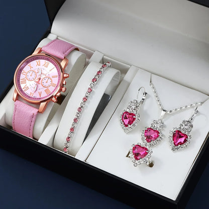 Fashion Quartz Watch and Jewelry Set, Shock Resistant Circular Analog Digital Display, PU Leather Strap, Zinc Alloy Case - 2