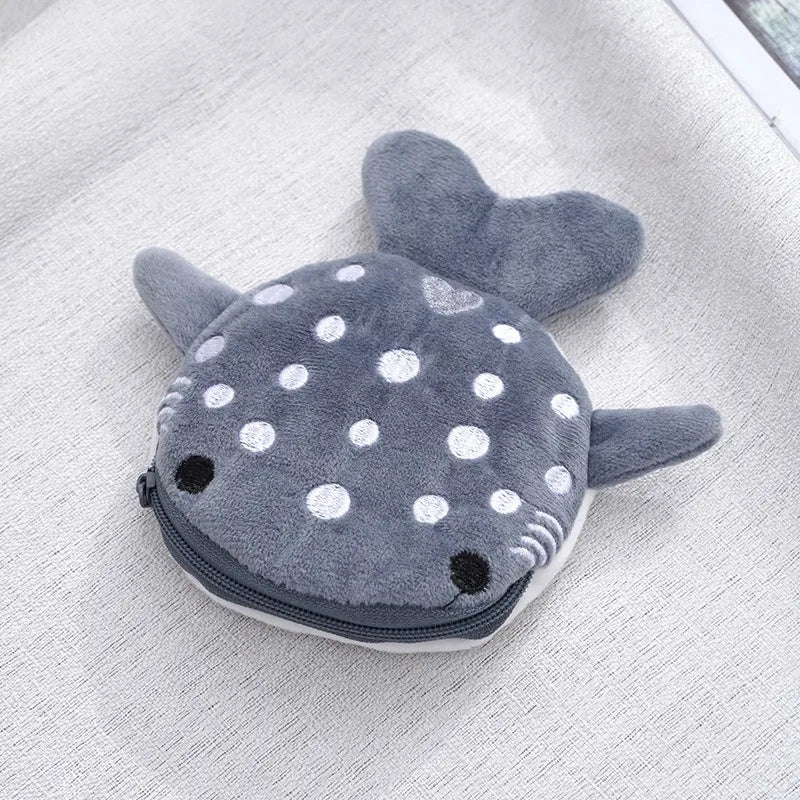 New Cartoon Shark Plush Coin Purse Cute Coin Holder with Keyring Data Cable Organiser Zippered Pouch Small Gift - Dark Grey