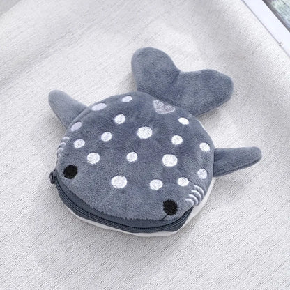 New Cartoon Shark Plush Coin Purse Cute Coin Holder with Keyring Data Cable Organiser Zippered Pouch Small Gift - Dark Grey