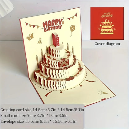 3D Happy Birthday Card Christmas Gift Card Birthday Cake Pop-Up Greeting with Envelope Christmas Invitation Cards - Red
