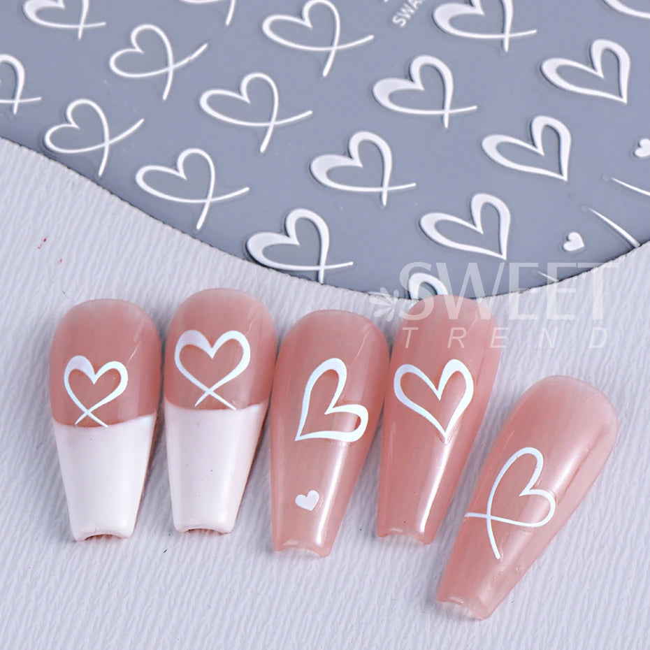 3pcs Valentine's Day Nail Art Stickers 3D Black White Pink Lines Love Heart Nail Decals DIY Adhesive Slider Manicure Decorati