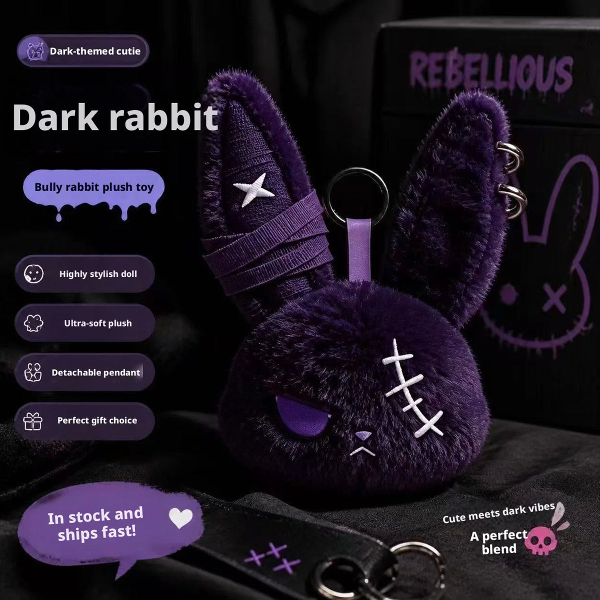 Hot Gothic Bunny Plush Keychain RabbitBag Charm with Bandage Desian Kawaii Key Ring Pendant Car Bag Ornament Gift To - PURPLE