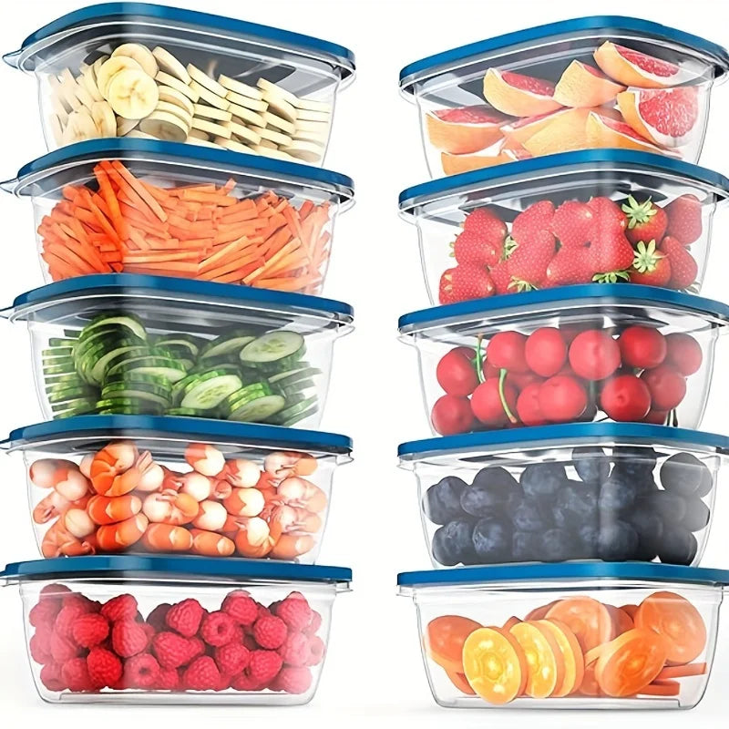 A Set of 6 Transparent Stackable Plastic Food Storage Containers with Blue Lids and Measurement Markings—Reusable, Dishwasher