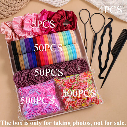 1109pcs Women Dark Hair Accessories Set Elastic Seamless Ponytail Scrunchies Small Rubber Bands Fashion Hair Ties Headbands