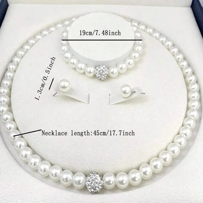 3 PCS set Imitation Pearl Fireball Necklace Bracelet Earring Stud Jewelry Set Silver Color Crystal Stone Elegant Bridal Jewel