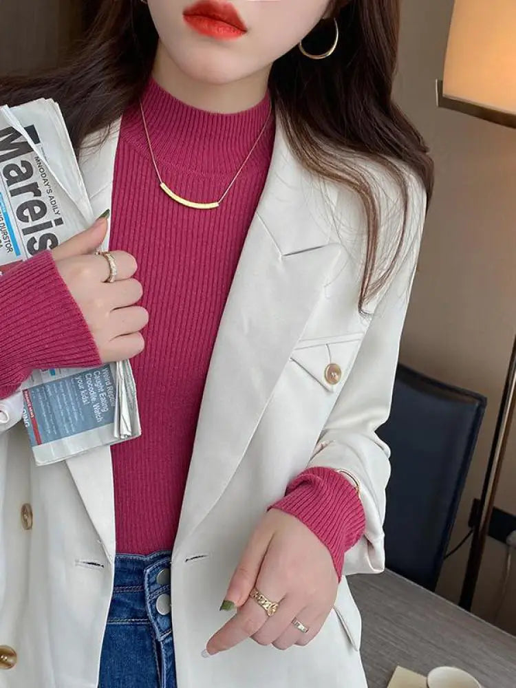 Autumn Winter Mock Neck Women Sweater Vintage Basic Solid Knitted Korean Tops Casual Slim Pullover Sweaters Simple Chic Jumpe