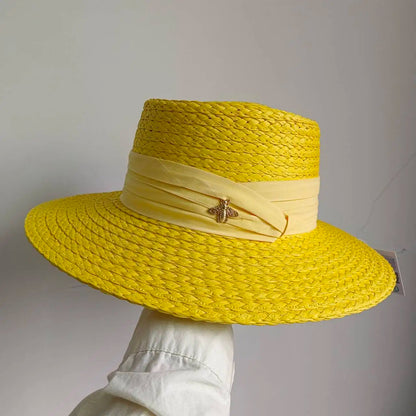 Boater Straw Hat wide brim French elegant square ribbon women's sun hat holiday straw hat 모자 햇빛 가리개