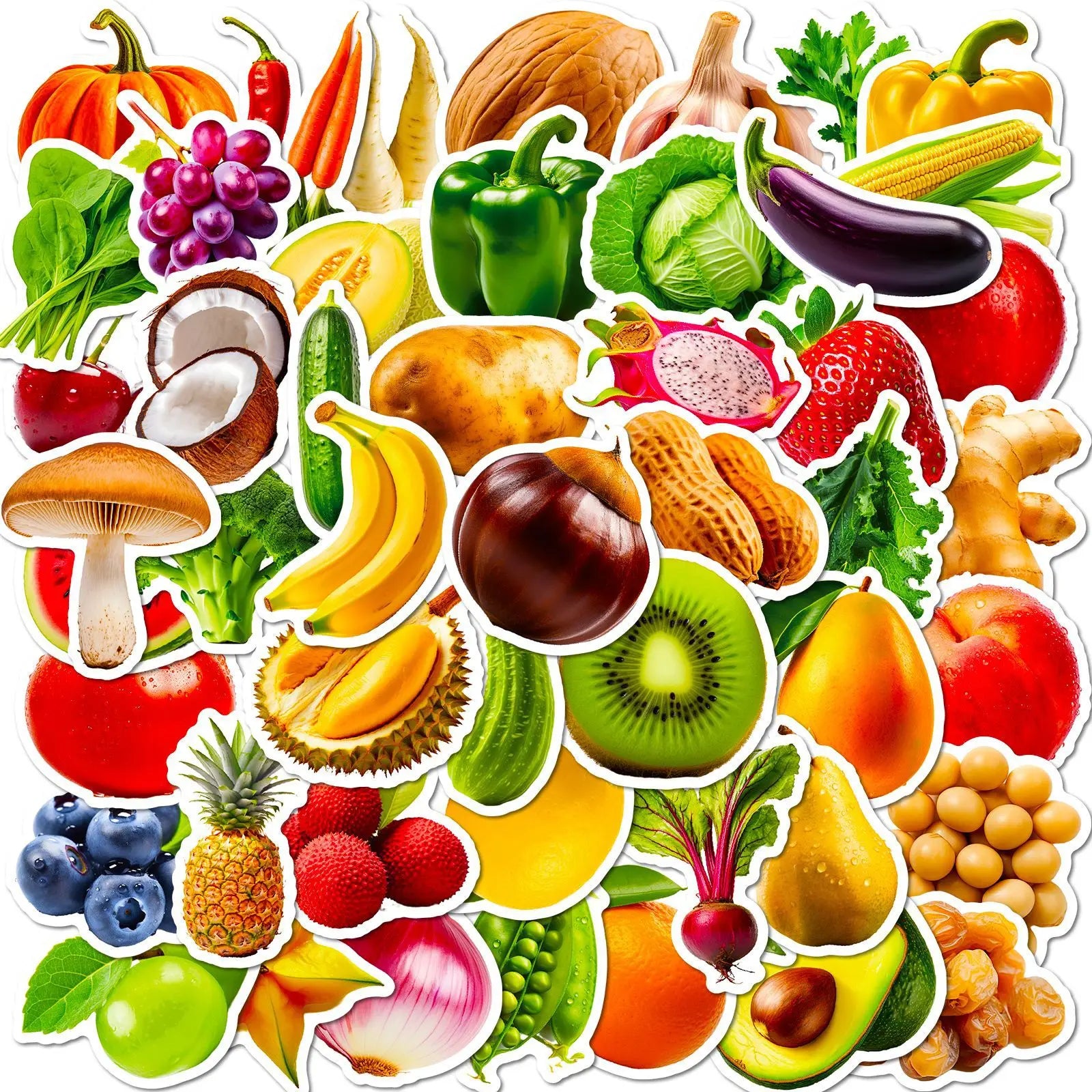 50PCS Vivid Fruit & Vegetables(Grape Cherry Carrot Broccoli) Stickers Pack