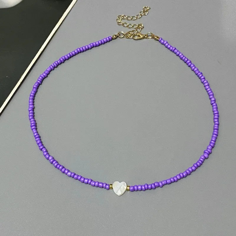 New Nature Shell Love Heart Choker Necklace for Girl Spring Summer Fashion Small Colorful Glass Beads Necklace Gift for Frien