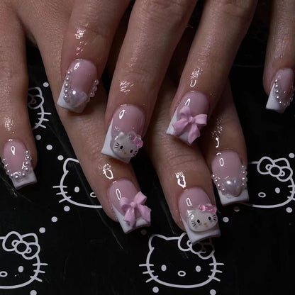 24 Medium Square Nail Pink French Cute Cartoon Cat White Love Camellia Nail Patch Jelly Powder Bow Wear Nail Set - WHITE