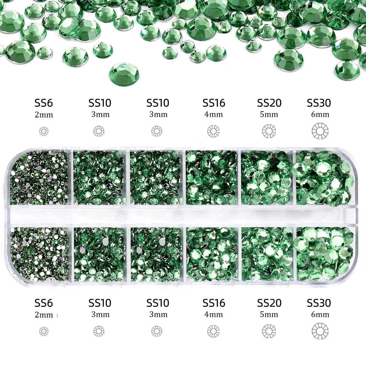 2400pcs+ Shiny Clear Crystal Gems Nail Rhinestones 1.5-4mm Mixed Round Glass Stone Flatback Nail Charms 12grids Nail Diamond 