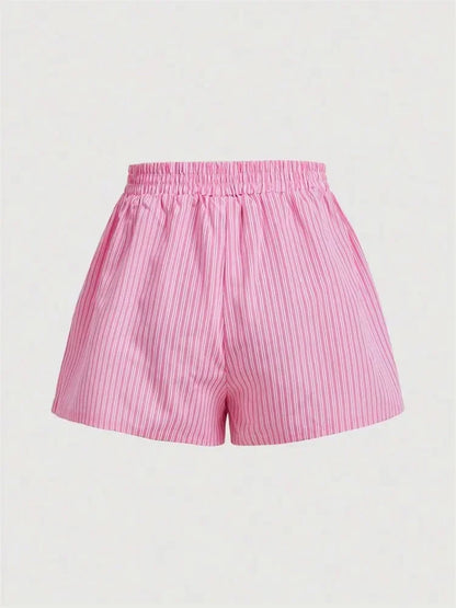 Striped Letter Label Shorts for Women Summer Casual Pink Elastic Waist Shorts Streetwear