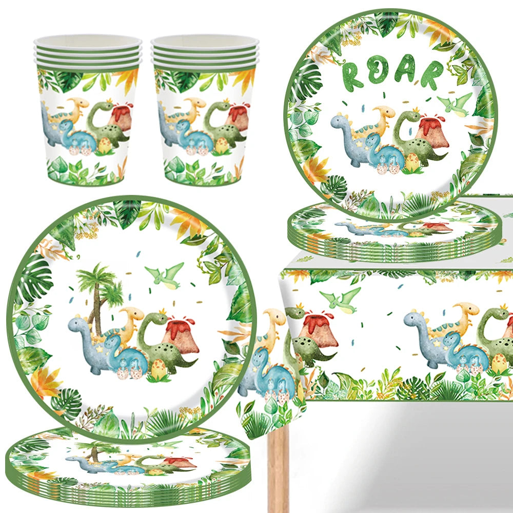 Cartoon Dinosaur Birthday Disposable Tableware Paper Plates Cups Napkin Tablecloth Dinosaur Roar Theme Birthday Party Decorat