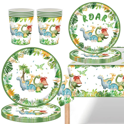 Cartoon Dinosaur Birthday Disposable Tableware Paper Plates Cups Napkin Tablecloth Dinosaur Roar Theme Birthday Party Decorat