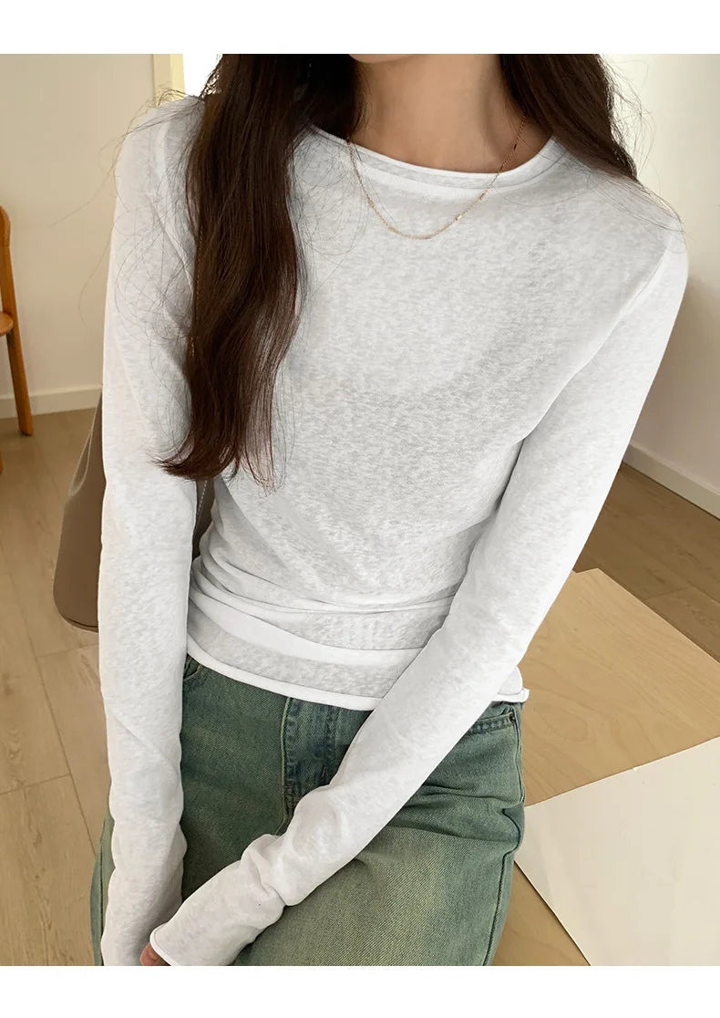 Spring Autumn T shirt Women Tops Solid Slim Fit Long Sleeve O Neck Tshirts Female Casual Streetwear Base Tees