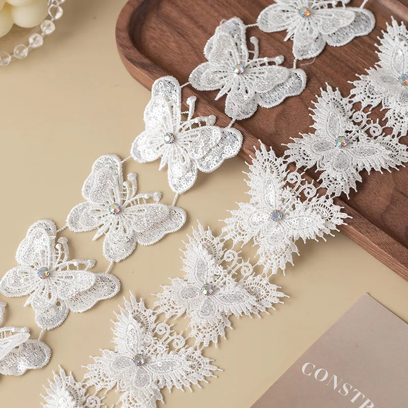 3D Butterfly Lace Trim Fabric Rhinestone Sewing Accessories For Wedding Dress Clothing Diy Crafts Supplies Flower Decor Ribbo