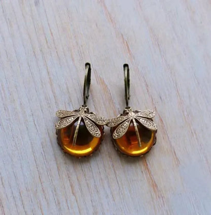 Vintage Bronze Dragonfly Earrings Fashion Gold Color Metal Carving Pattern Inlaid Moonstone Drop Earrings for Women Jewelry