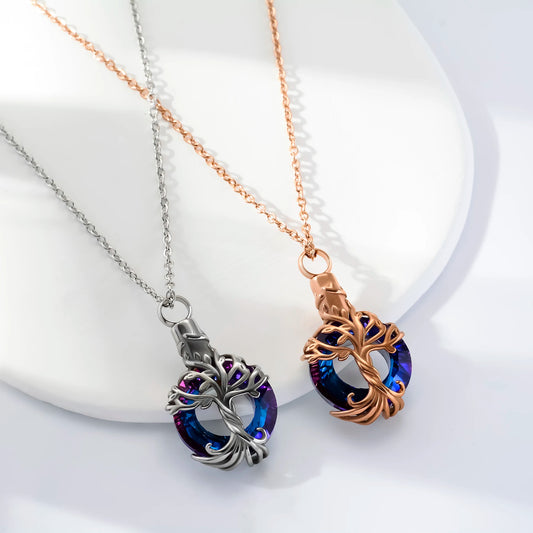 Cremation Jewelry Tree of Life Urn Necklace for Ashes with Crystal Memorial Keepsake Jewelry w/Funnel Filler Gifts for Women