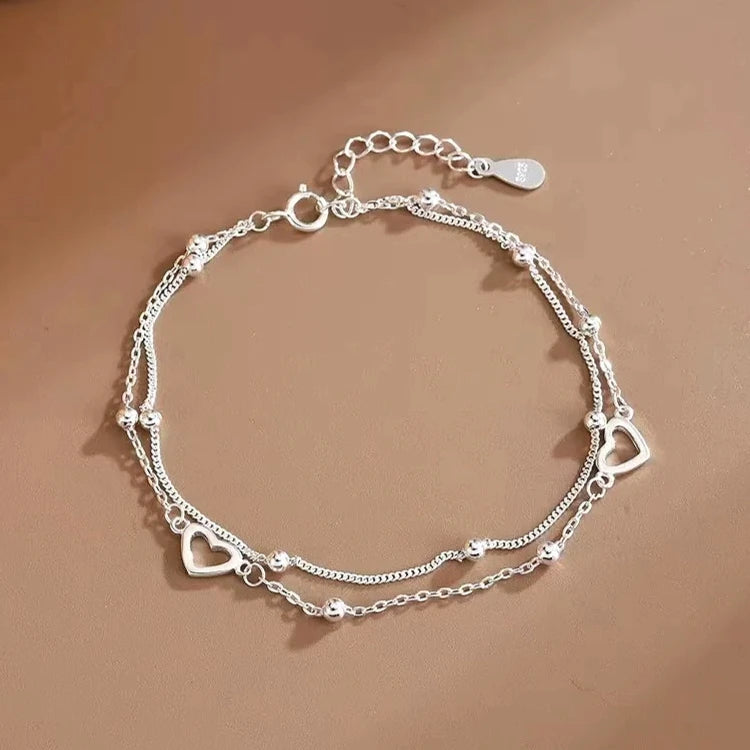 925 Sterling Silver Hollow Heart Bracelets For Women Girls Vintage Korean Design Double Layer Beads Bracelet Party Jewelry Gi