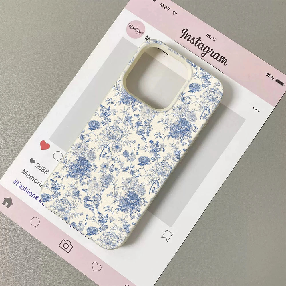 Vintage Floral Phone Case for iPhone 17 16 15 14 Plus 13 12 11 Pro Max Retro Blue Flower Pattern Shockproof TPU Protective Co