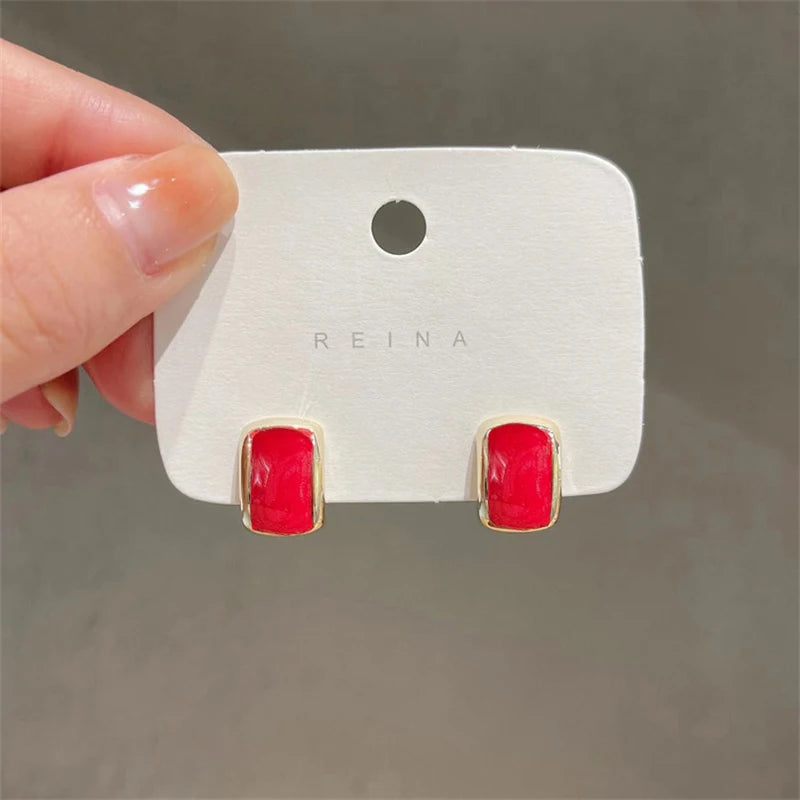 Trend Chic Enamel C-shaped Women's Stud Earrings Red Green Pink Color Small Earrings for Girls aretes de mujer 2025 new in - 