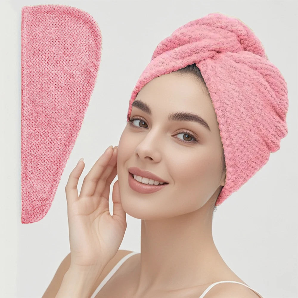 Solid Color Hair Towel Textured Dry Hair Cap 9.8' X 25.5' Absorbent Hair Towel Wrap for Button-Down Women - Pink-up