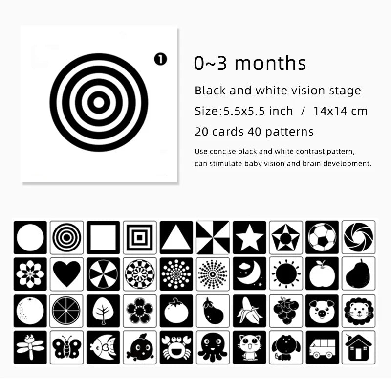 Black and White Cards High Contrast Baby Toys 0-36 Months Newborns Visual Stimulation Brain Development Learning Flash Cards 
