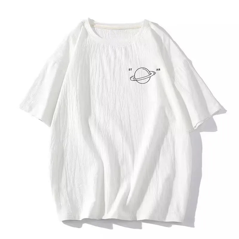 Minimalist Planet Printed Men's Casual Top M-8XL Large Size T-shirt Trendy Versatile Short Sleeve
