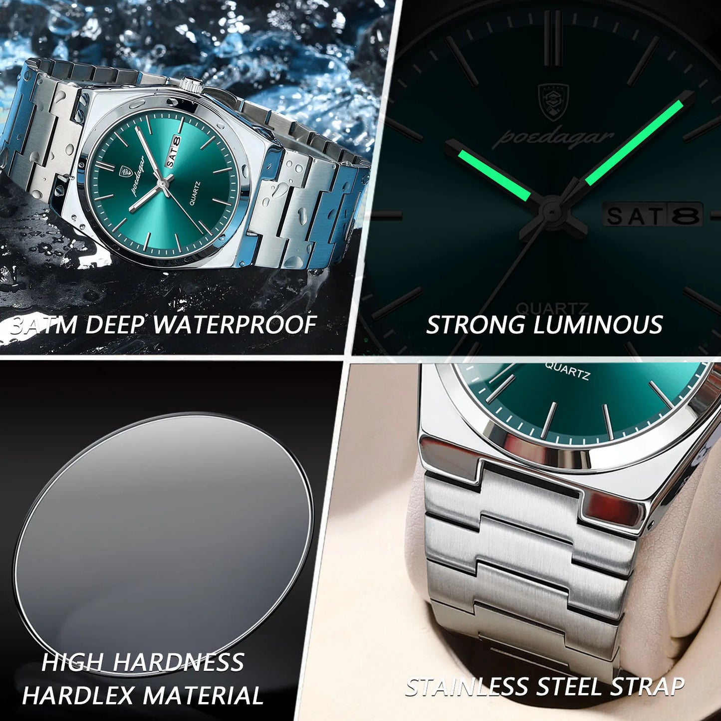 POEDAGAR Luxury Men's Watches Waterproof Luminous Date Week Men Watch Stainless Steel Casual Fashion Quartz Man Wristwatch Re