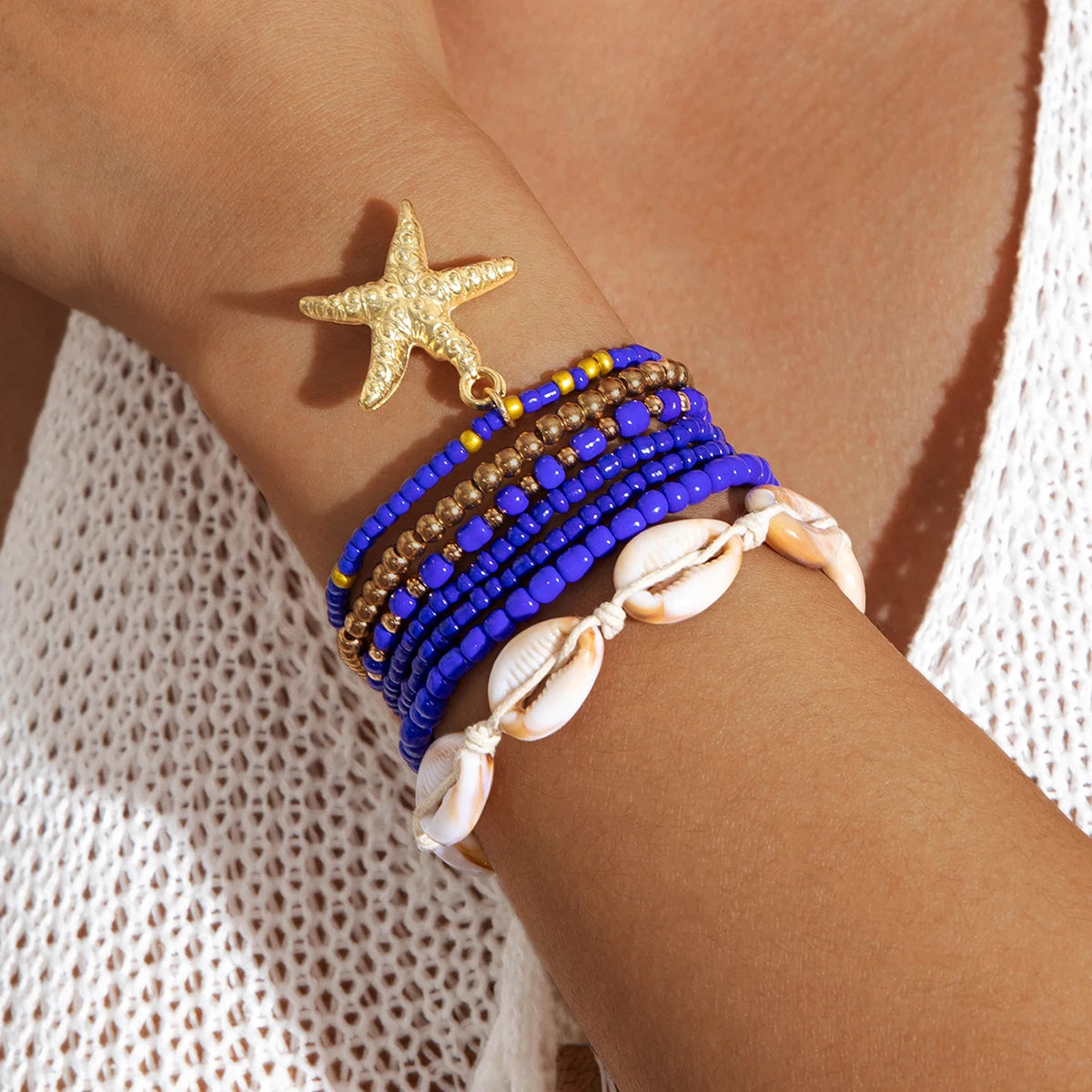 Tocona Bohemian Resort Style Shell Beaded Weaving Bracelet Beach Style Starfish Rice Beads Seven Piece Set for Women 25134 - 
