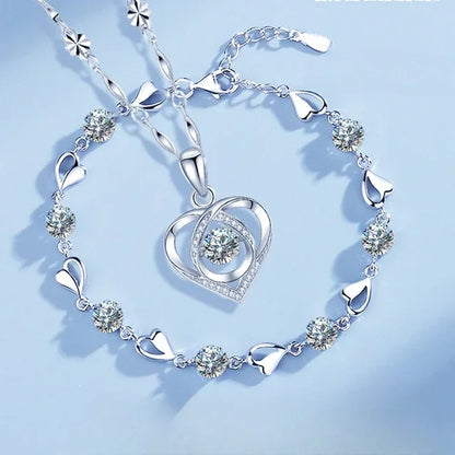 925 Sterling Silver Heart Shaped Necklace Bracelet Set for Women Vintage Korean Blue Crystal Bracelets Jewelry Set Party Jewe