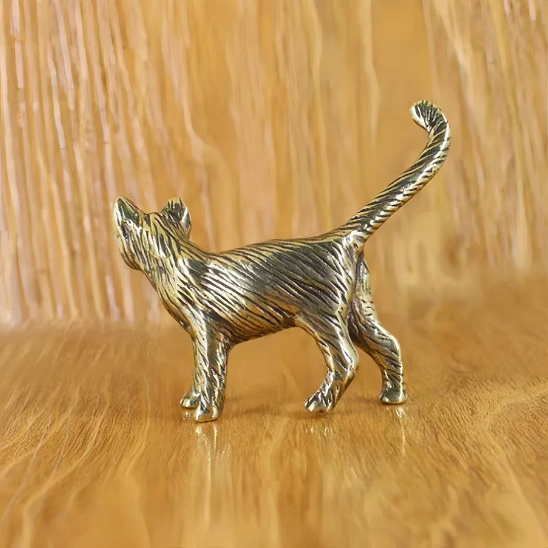 Creative Retro Brass Little Pet Cat Statue Interesting Mini Long-Tailed Cat Tabletop Ornament Miniature Home Decor Crafts Gif
