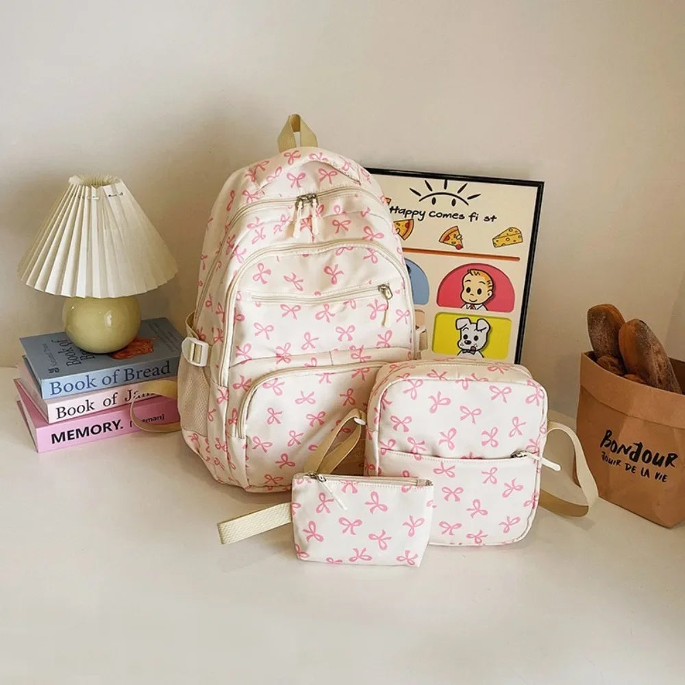 3 Pcs/Set Cute Schoolbag Large Capacity Bow Backpack Bow Print Nylon School Bag Adjustable Strap Travel Backpack - White Pink