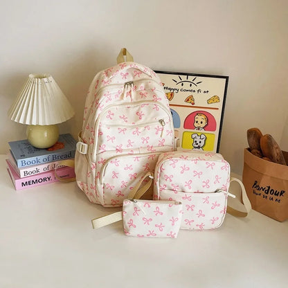 3 Pcs/Set Cute Schoolbag Large Capacity Bow Backpack Bow Print Nylon School Bag Adjustable Strap Travel Backpack - White Pink