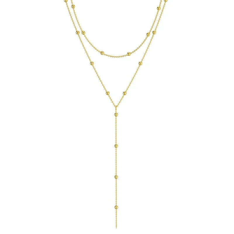 LATS Gold Color Double Layered Long Tassel Chain Necklaces for Women Simple Metal Geometric Bead Choker Necklace Fashion Jewe