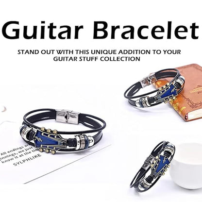 Retro Faux Leather Guitar Bracelet, Punk Rock Music Guitar Genuine Leather Bracelet, Handmade Braided Multi-Layer Wrap Bracel