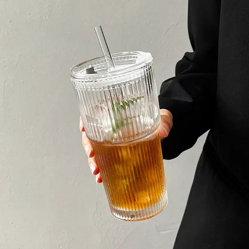 600ML Stripe Glass Coffee Cup with Lid and Straw Transparent Drinking Glasses for Juice Milk Tea Cups Iced Coffee Mugs Drinkw