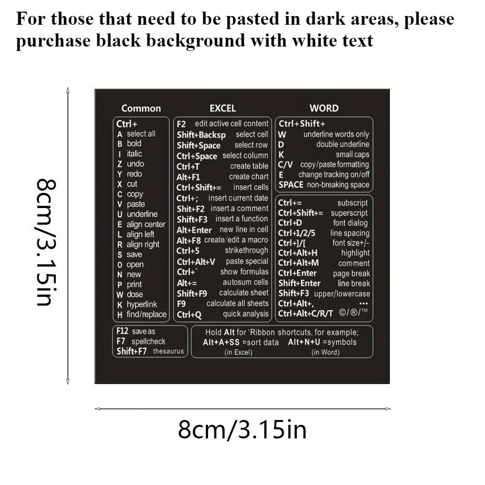 1 Set Vinyl Self-adhesive Keyboard Shortcut Stickers | Quick Reference for Windows, Excel and Word, Office Software - 1pc-bla