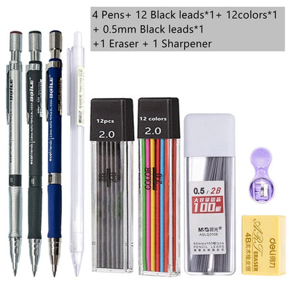 Mechanical Pencil Set 2.0 mm with 2B Black/Colors Lead Refill For Writing Sketching Art Drawing Painting School Automatic Pen