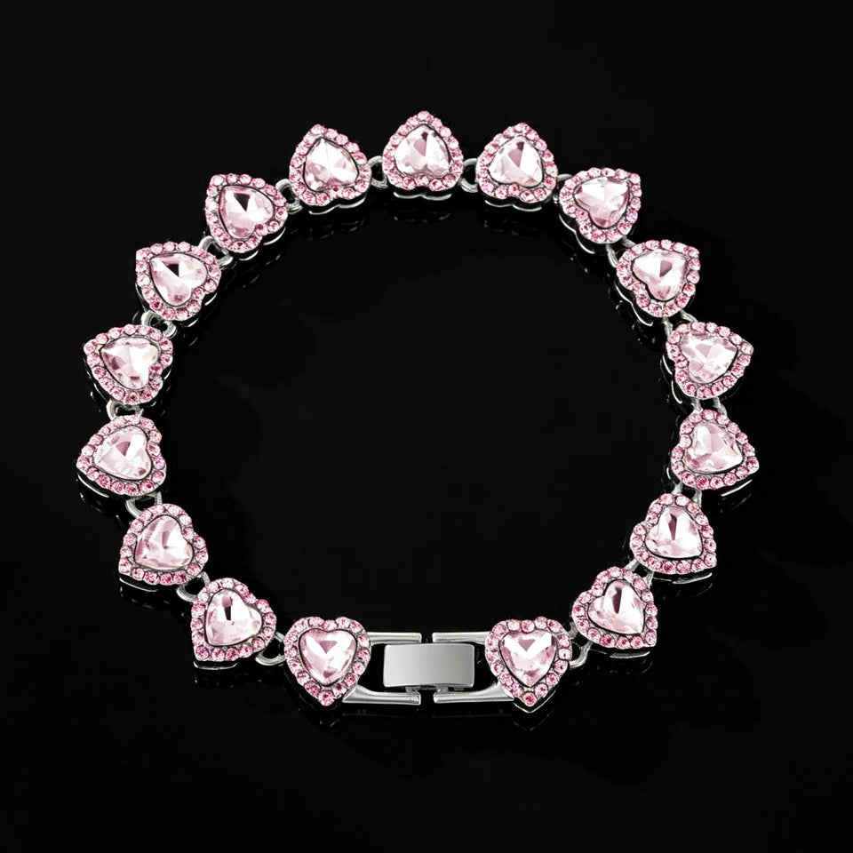 ZAKOL 45CM New Hip Hop Tennis Chain Bracelet Necklace Shiny Heart Rhinestone CZ Fashion Rock Party Jewelry Set