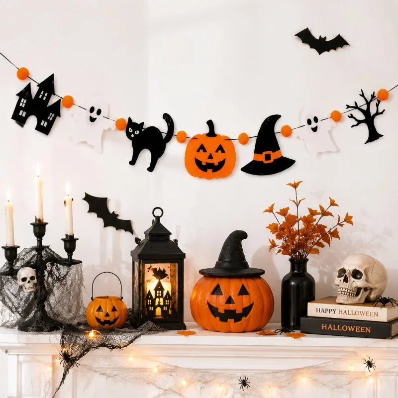 Halloween Felt Banner Garland Assorted Styles Hanging Bunting Flags for Party Home Wall Fireplace Mantel Decoration Supplies